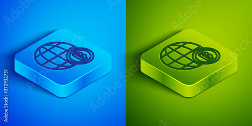 Isometric line Globe and cryptocurrency coin Bitcoin icon isolated on blue and green background. Physical bit coin. Blockchain based secure crypto currency. Square button. Vector.