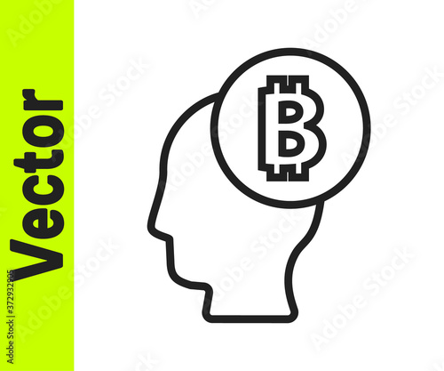 Black line Bitcoin think icon isolated on white background. Cryptocurrency head. Blockchain technology, digital money market, cryptocoin wallet. Vector.
