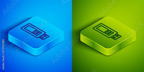 Isometric line USB flash drive icon isolated on blue and green background. Square button. Vector.