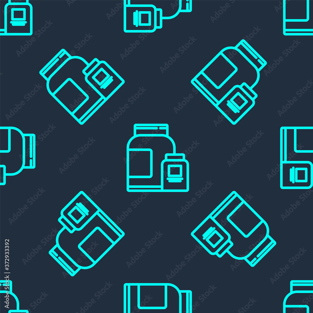Green line Sports nutrition bodybuilding proteine power drink and food icon isolated seamless pattern on blue background. Vector. Green line Sports nutrition bodybuilding proteine power drink and food icon isolated seamless pattern on blue background. Vector.