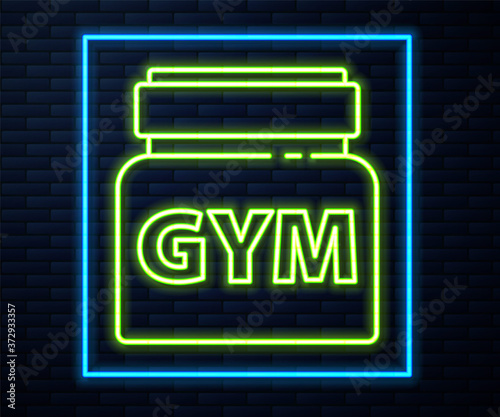 Glowing neon line Sports nutrition bodybuilding proteine power drink and food icon isolated on brick wall background. Vector.