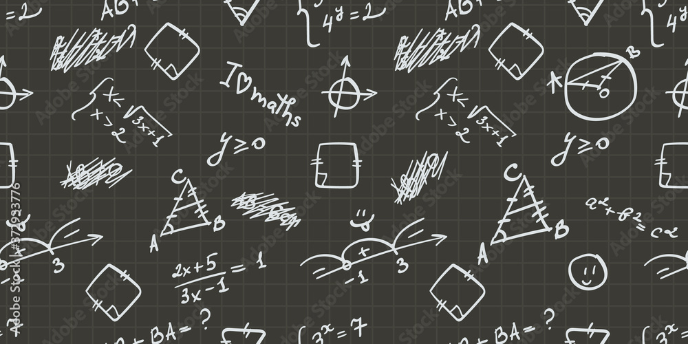 vector seamless pattern with handwritten white mathematics formulas, figures, calculations on the dark gray black squared paper vector seamless pattern with handwritten white mathematics formulas, figures, calculations on the dark gray black squared paper