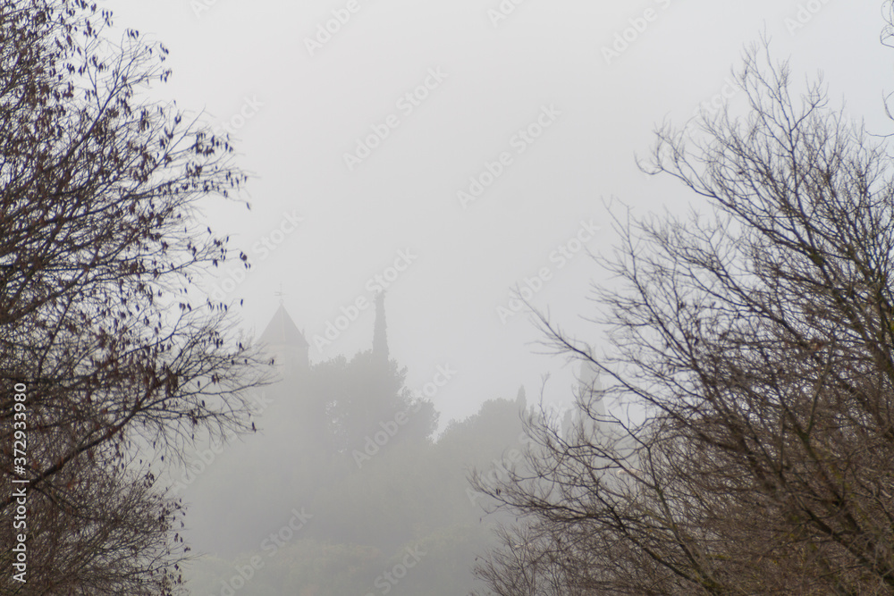 Hermitage de San Jorge in the fog. Huesca (Spain)