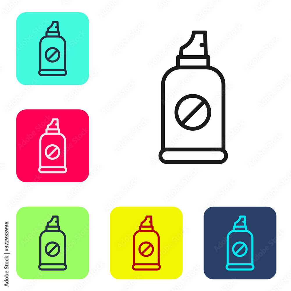 Black line Spray against insects icon isolated on white background. Set icons in color square buttons. Vector. Black line Spray against insects icon isolated on white background. Set icons in color square buttons. Vector.
