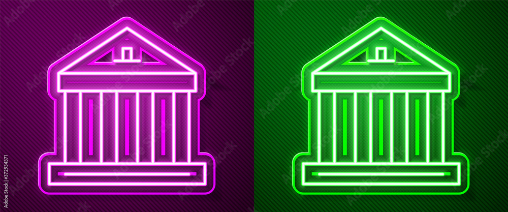 Glowing neon line Museum building icon isolated on purple and green background. Vector.