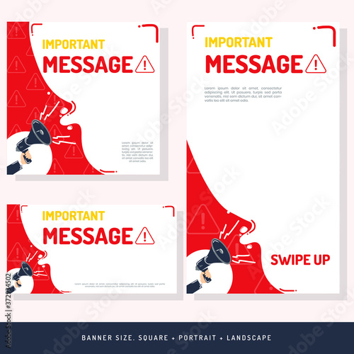 Important message! with Hand holding a megaphone with a announcement.
Banner for digital and printout vector AI, eps10