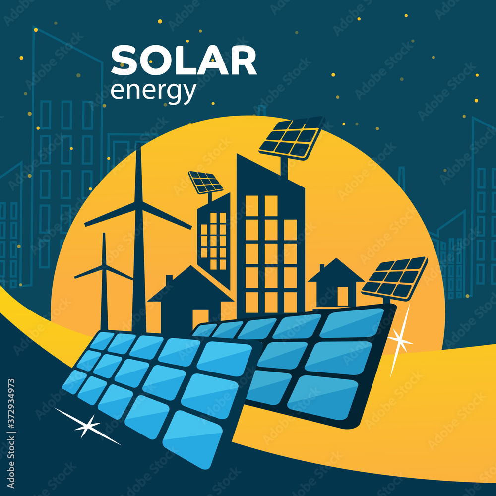 vector illustration of solar panels, wind turbines, battery storage ...