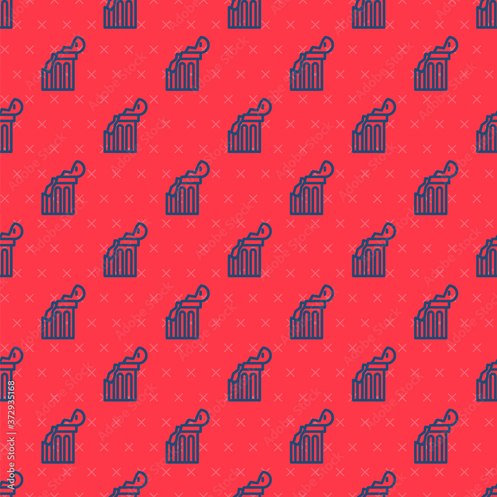 Blue line Broken ancient column icon isolated seamless pattern on red background. Vector.
