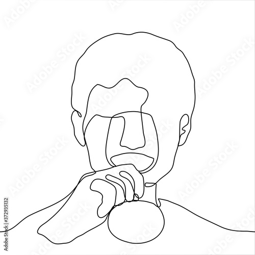 one continuous line drawing of a man drinking wine from a glass stemmed glass. Vector seamless illustration of a guy drinking from a wine glass, can be used for animation