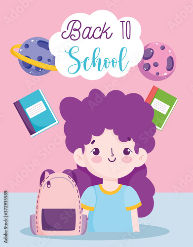 back to school, student girl backpack and textbooks elementary education cartoon