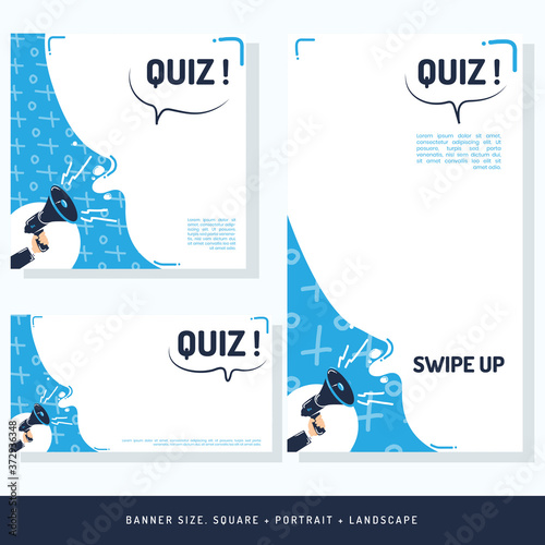 Time to quiz! blue color with Hand holding a megaphone with a announcement.
Banner for digital and printout vector AI, eps10