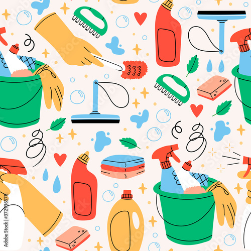 Bucket with cleaning supplies, bottles, spray, sponge, brush, gloves. Various Cleaning items. Housework concept. Hand drawn Vector seamless Pattern. Square Background, Wallpaper