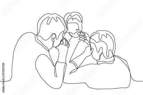 the three men sit very close to each other with their hands folded in intense thought. One continuous line art concept of brainstorming, team task, collective decision making.Can be used for animation