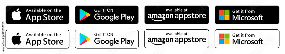 Apple App store, Google Play store, Microsoft store, amazon Store: download  App buttons. Isolated black and white icons set on white background. Stock  Vector | Adobe Stock