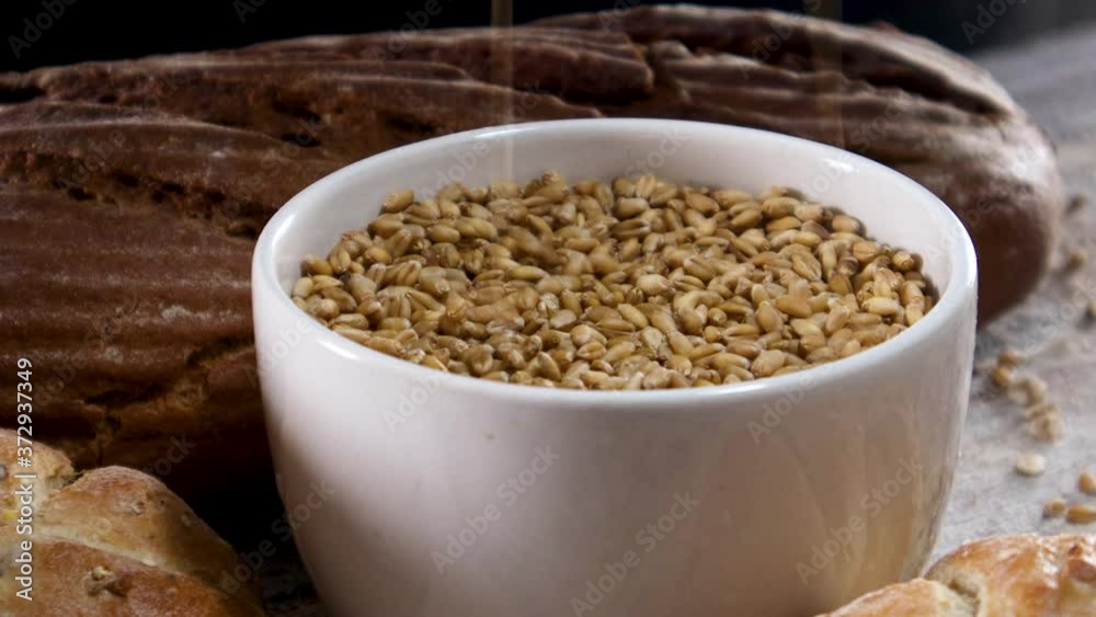 Pour raw fresh and organic grain in white bowl Pour raw fresh and organic grain in white bowl