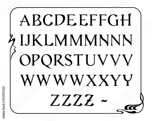 Ornate black letters, ABC. Art Nouveau, modern style of 1920s. With variations. Decorative rectangular framework, modern style.