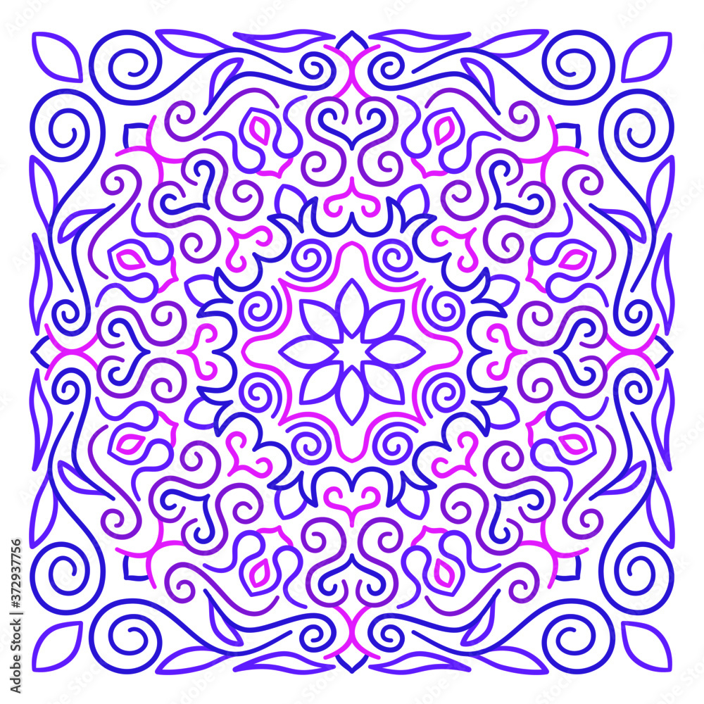 Ornament of purple silhouette flowers, twisted leaves in a square. Print for the cover of the book, postcards, t-shirts. Ornament of purple silhouette flowers, twisted leaves in a square. Print for the cover of the book, postcards, t-shirts.