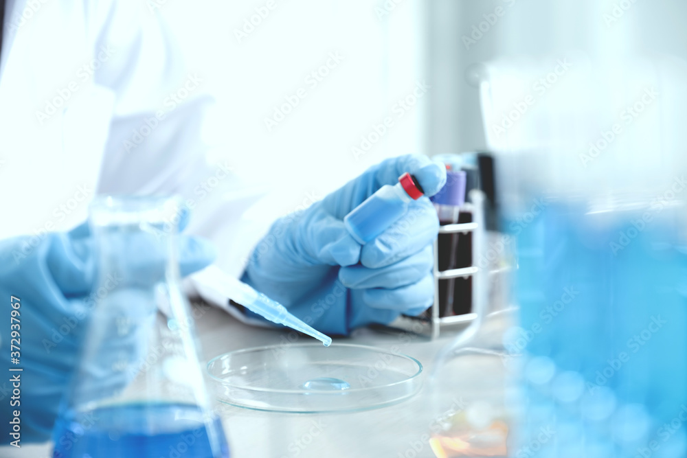 Fototapeta premium Scientists hold the bacterial virus vaccine vial and in the bottle contains the blue chemical liquid for research and analysis in a laboratory