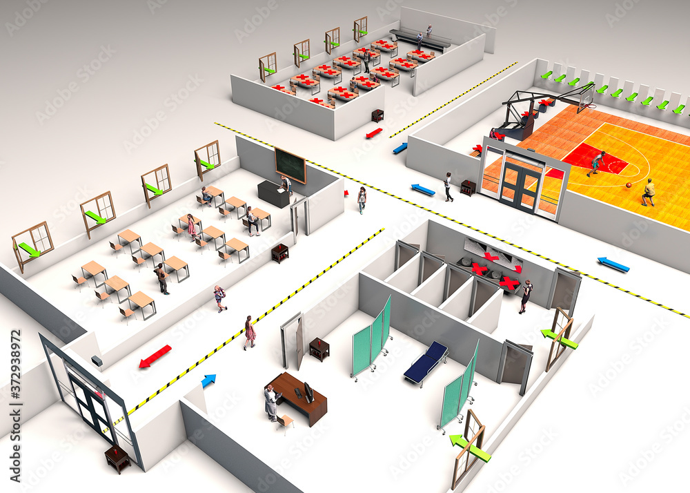 Classrooms in a school, new anti-covid-19 measures. Coronavirus. 3d section of a school to maintain correct social distancing. How to access the school. 3d render
Classrooms in a school, new anti-covid-19 measures. Coronavirus. 3d section of a school to maintain correct social distancing. How to access the school. 3d render