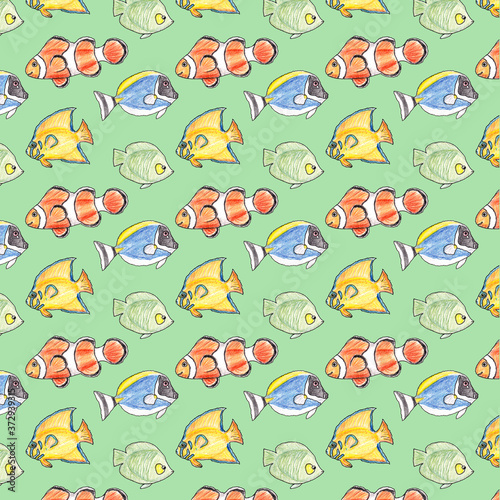 Hand drawn seamless pattern with colorful fishes on a green background.