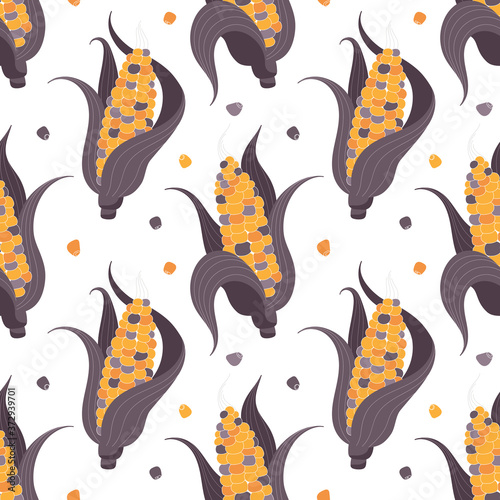 Colored corn seamless pattern, seasonal vegetables, healthy food. Vector print for fabric, textile, bedding, wrapping, wallpaper.
