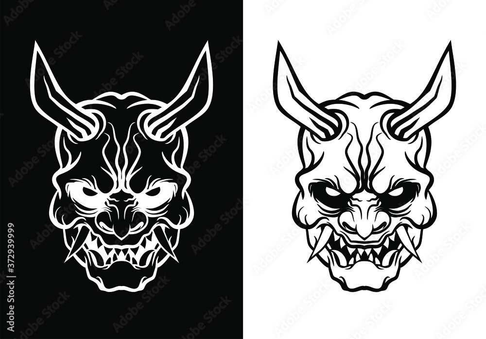 Black and White Oni Mask - Oni Mask Drawing. demon mask. Vector illustration Stock Vector | Adobe Stock