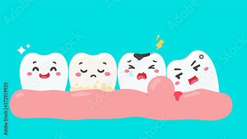 Cartoon teeth and gums inside the mouth are happy with the problem of tooth decay. There are plaque on the teeth.
