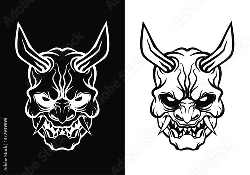 Black and White Oni Mask - Oni Mask Drawing. Japanese demon mask.  Vector illustration