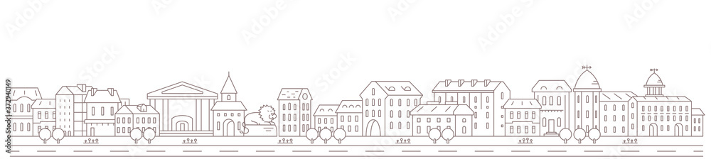 City town panorama. Downtown street and road. Long horizontal banner. Copy space. Vector contour outline illustration.