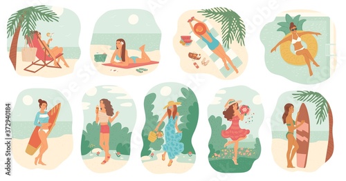 Girls in swimsuit and dress summer vacation. Women sunbathe on beach with surfboard, swim in pool on inflatable circle. Set vector isolated illustrations flat cartoon style.