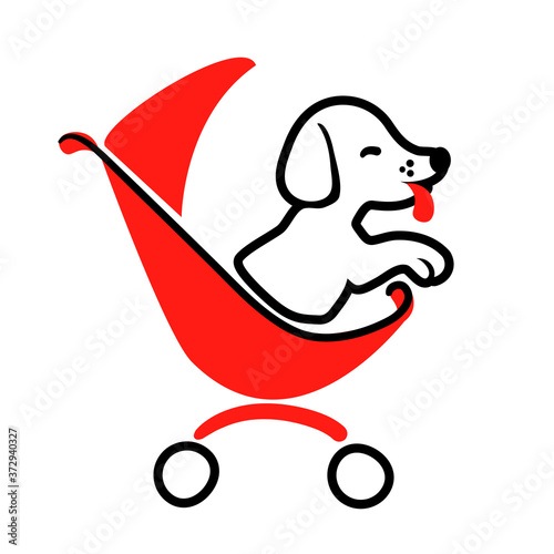 Dog sitter logo in drawing style on white background for highlight. Walking pet in carriage icon vector isolated element. Zoo transportation flat illustration. Funny animal care business concept art