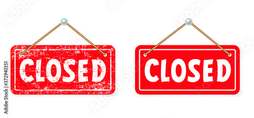 Open and closed board signs The sign is openly close, green and red label Vector hanging tags icons Come In, We're or We are Open Sorry we're closed signboard office or store market old door icons