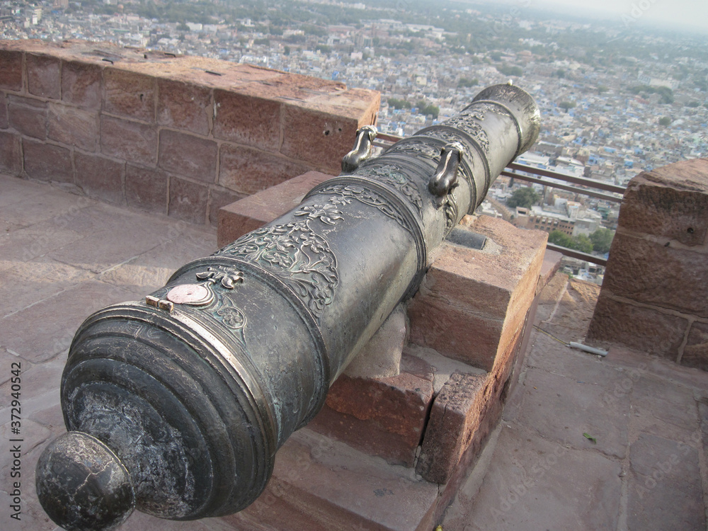 cannon of medieval period kept on the top mehrangarh fort jodhpur