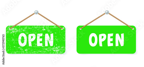 Open and closed board signs The sign is openly close, green and red label Vector hanging tags icons Come In, We're or We are Open Sorry we're closed signboard office or store market old door icons