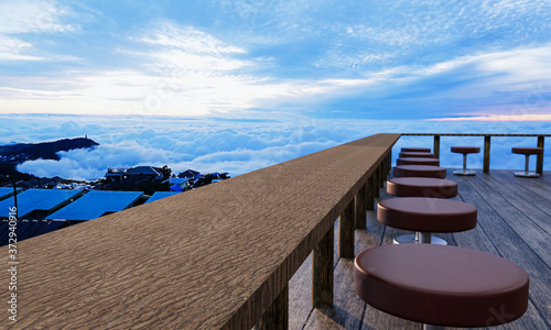 Wooden table and chair set On the wooden terrace at the mountain top restaurant there is a sea of mist in the background. Sea of fog, Phu Thap Berk Tourist Attraction, Thailand.3D Rendering photo