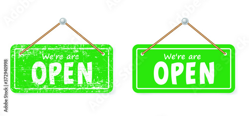 Open and closed board signs The sign is openly close, green and red label Vector hanging tags icons Come In, We're or We are Open Sorry we're closed signboard office or store market old door icons