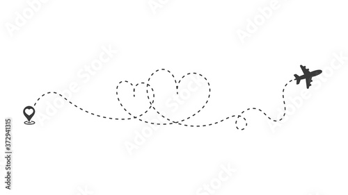 Plane route That travels in a dotted line of double hearts For a trip to the honeymoon.