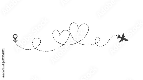 Plane route That travels in a dotted line of double hearts For a trip to the honeymoon.