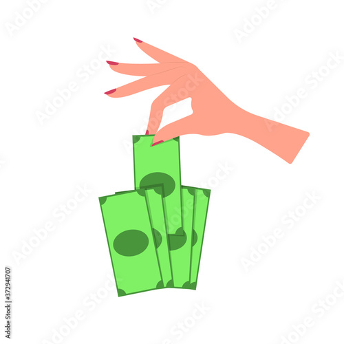 The hand takes out a bill from the bundle. Vector illustration, flat cartoon design, isolated on white background, eps 10.