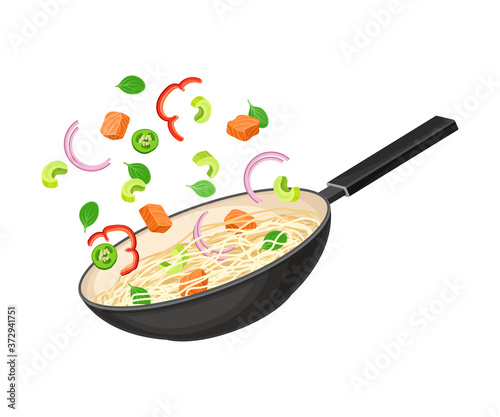 Chinese Udon Noodle Preparation with Stir-frying in Wok Pan Vector Illustration