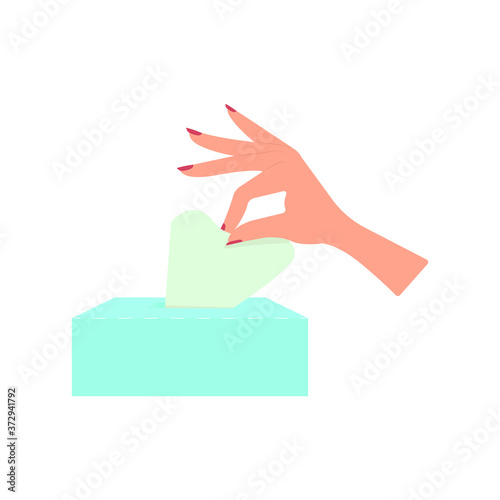 The hand takes out napkins from the box. Vector illustration, flat cartoon design, isolated on white background, eps 10.