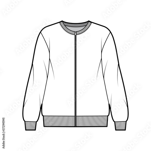 Zip-up cotton-terry oversized sweatshirt technical fashion illustration with relaxed fit, crew neckline, long sleeves. Flat jumper apparel template front white color. Women, men, unisex top CAD mockup