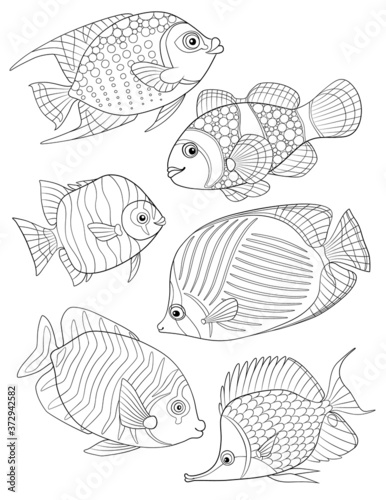 Coloring Page with collection of tropical fishes. Antistress adult coloring.