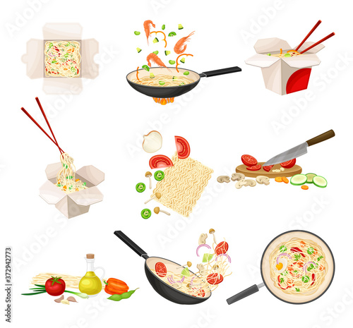 Chinese Udon Noodle Preparation Steps with Ingredients Chopping and Stir-frying in Wok Pan Vector Set