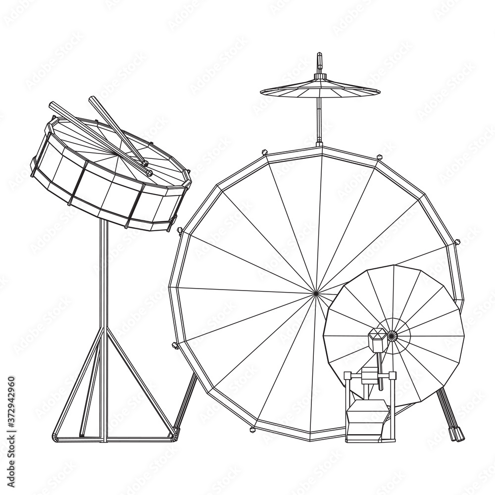 Musical instruments set. Rock band drum kit. Percussion musical instrument drums, stick and cymbal. Wireframe low poly mesh vector illustration.