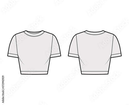 Cropped cotton-jersey t-shirt technical fashion illustration with scoop neck, short sleeves, close fit. Flat outwear apparel template front, back, grey color. Women, men, unisex top CAD mockup