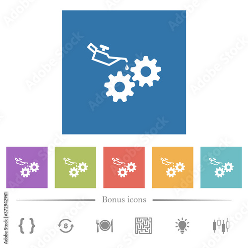 Oiler can and gears flat white icons in square backgrounds