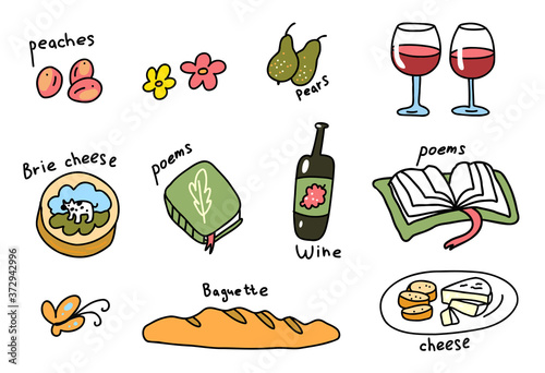 Picnic icon set. Hand drawn sketch. Romantic dinner. Vector cartoon illustration.