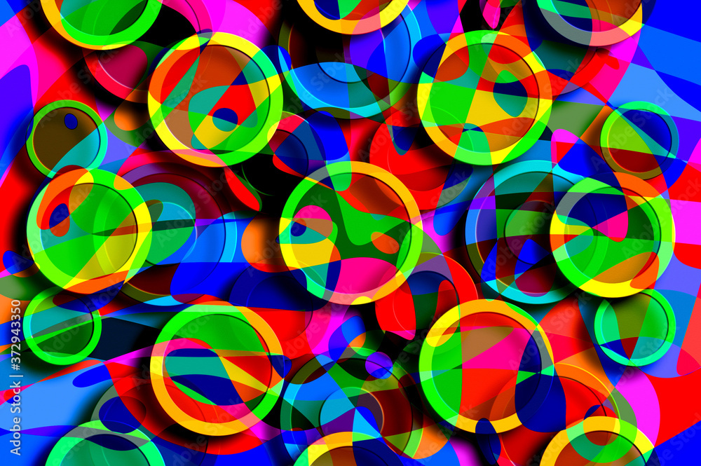 Abstract modern art background of random shapes and circles in multicolor