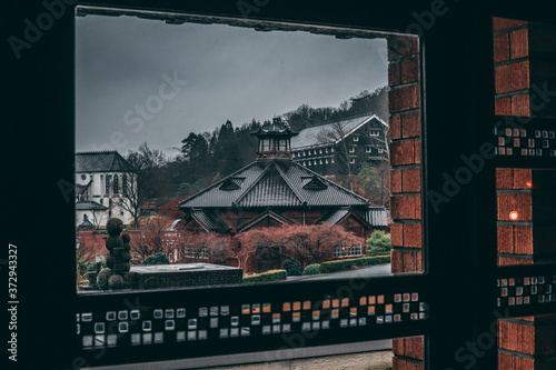 Photography Looking outside the Imperial Hotel Tea Room, outside the MEJI-MURA museum